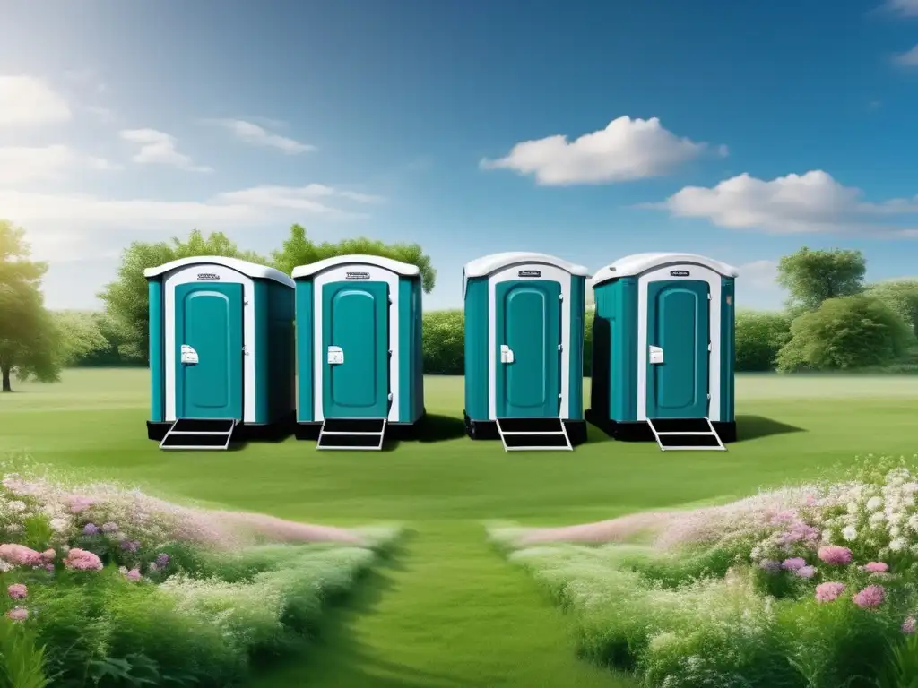 Portable Toilets in a serene and peaceful lush green field, surrounded by trees and flowers