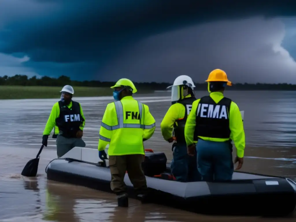 FEMA workers tirelessly ration supplies amidst stormy waters, with hurricane raging in background