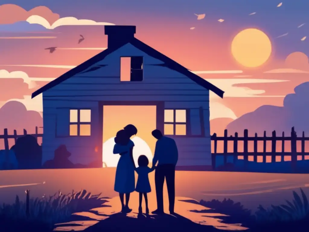 Family Gathered in Embrace with Teary Eyes in Front of Ruined House: Warmth and Sorrow in a Dark Blue Sky with Setting Sun