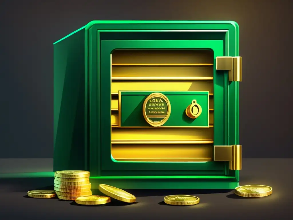 An emerald-colored safe filled with stacks of gold coins and crisp emerald-green paper bills, captured in a cinematic style with dramatic shadows