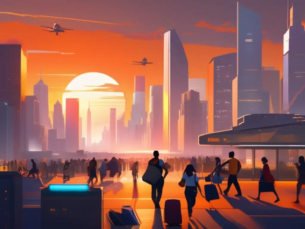 A futuristic cityscape under attack: An orange sun sets over towering skyscrapers, casting a warm glow over hurried people fleeing a hurricane