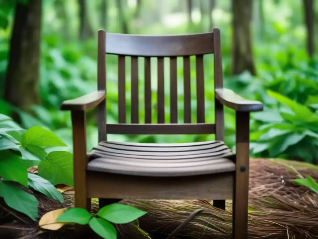 Amidst the lush green forest, a weathered wooden chair sits cozily, inviting and warm, despite the hurricane