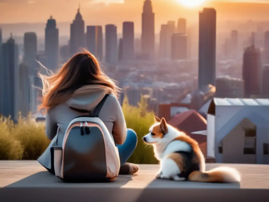 Distressed pet comforted by owner in open emergency kit amidst cityscape - Cinematic style shot with a wideangle lens and shallow depth of field