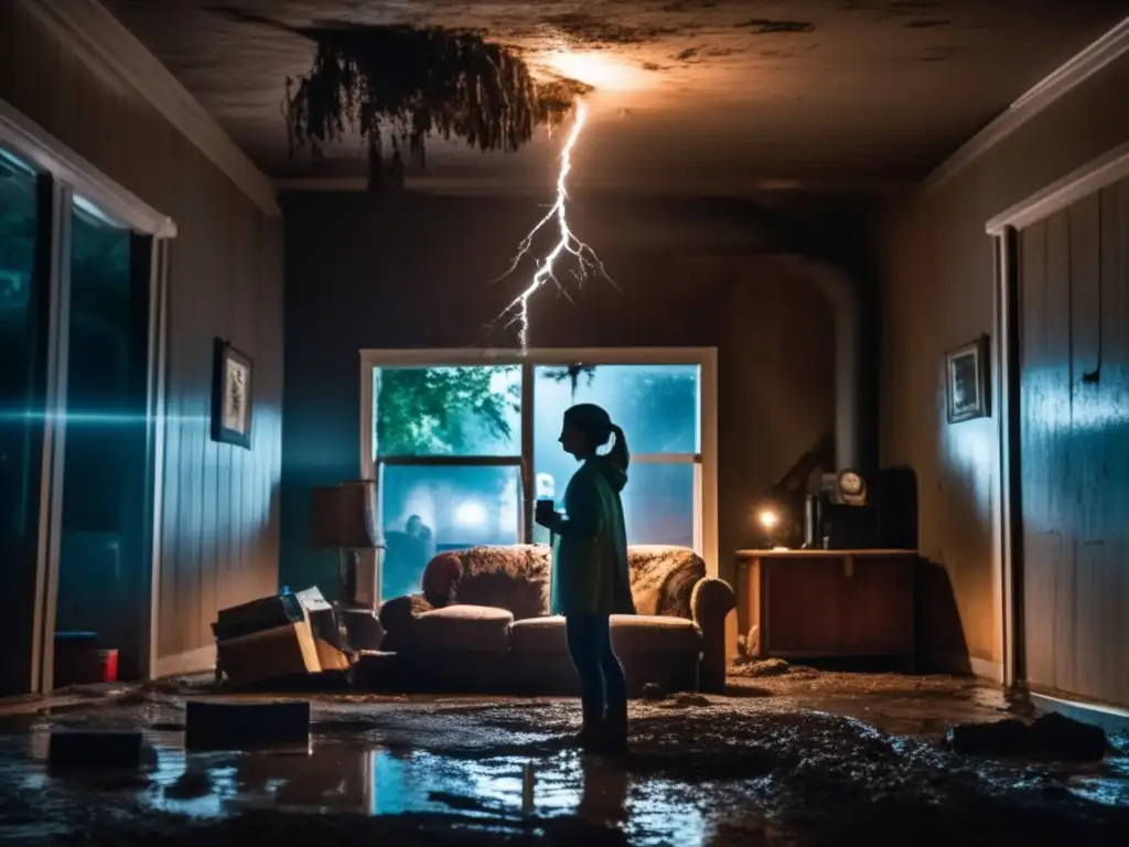 A flashlight illuminates a person's determined gaze as they survey the chaos of a dimly lit room filled with muddy water, debris, and furniture