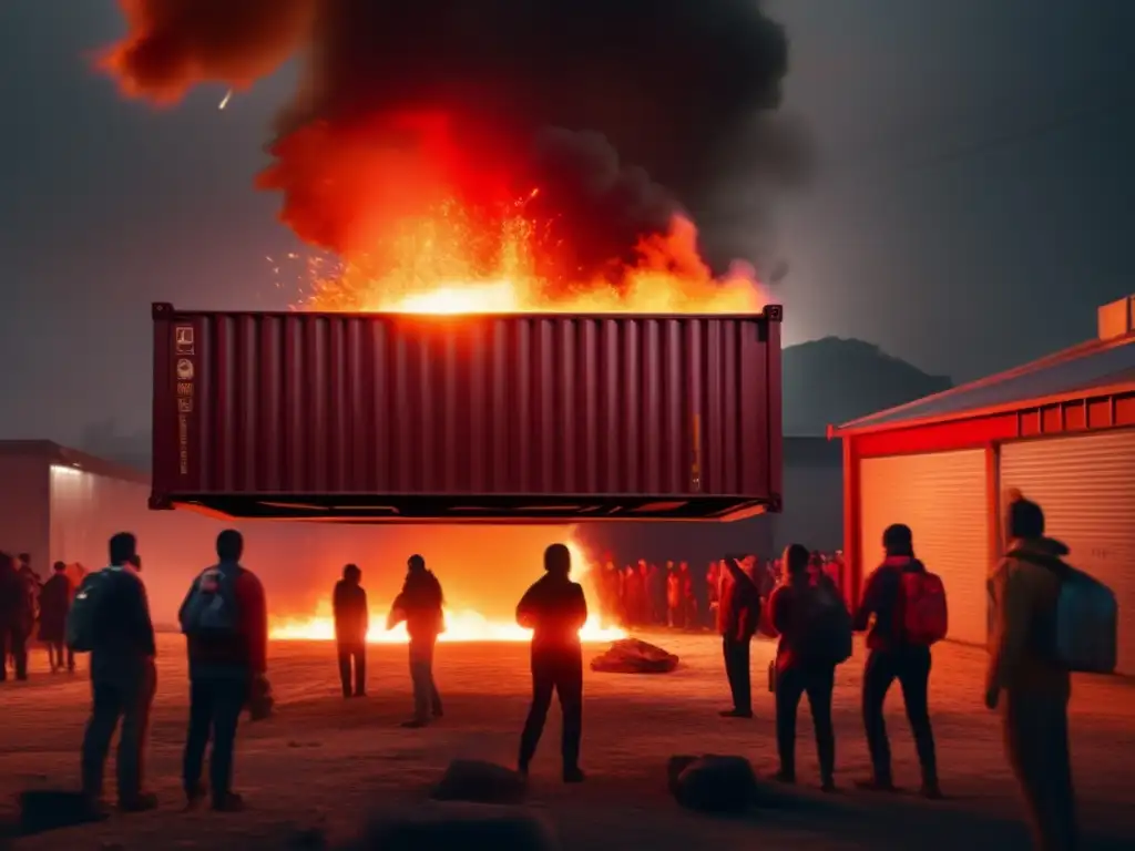 Dramatically lit, an emergency flare glows fiercely in darkness, smoke rising from the top of the container