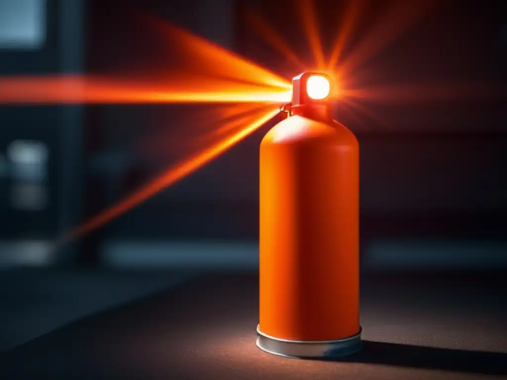 An emergency flare's fiery orange light radiantly stands tall against the darkness, illuminating with its metal container and safety handle visible