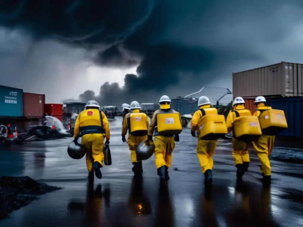 In the aftermath of a hurricane, a group of brave emergency responders don reinforced suits and helmets to manage hazardous materials amidst the ruins