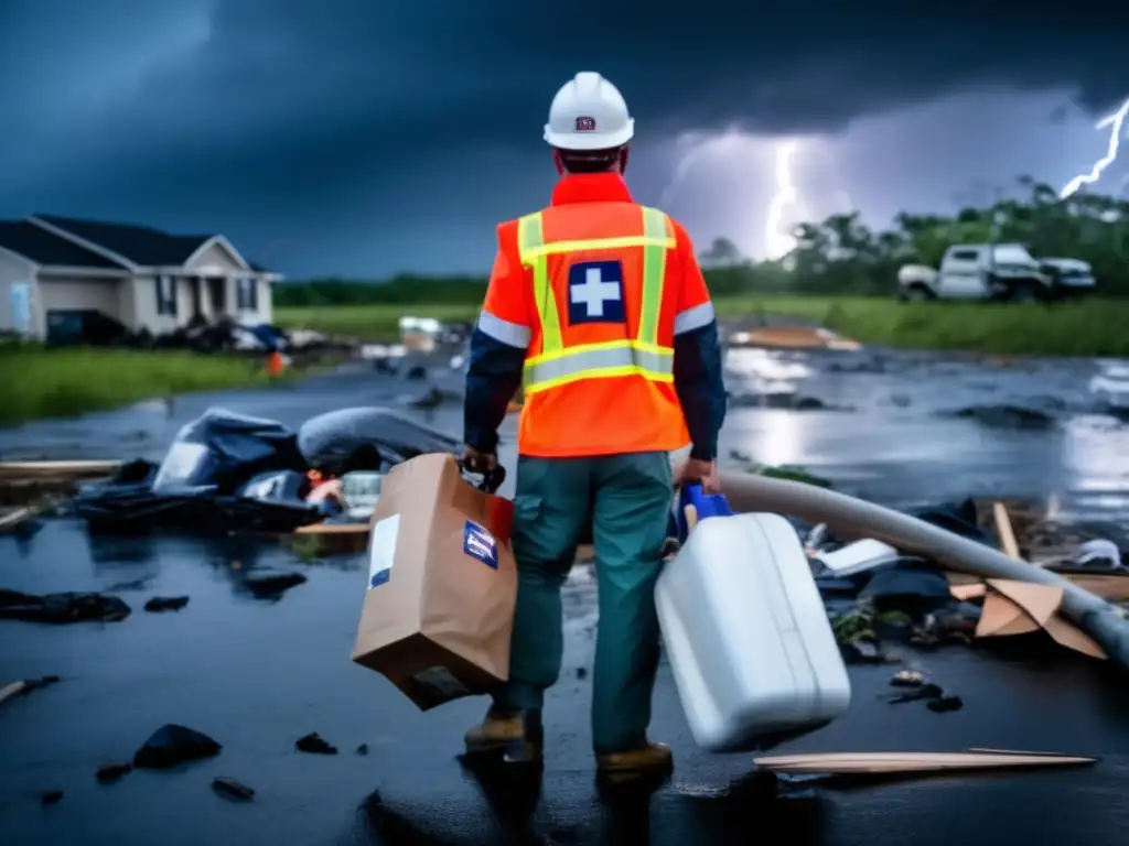 A person stands strong in the aftermath of a hurricane, with a fully stocked emergency kit in hand