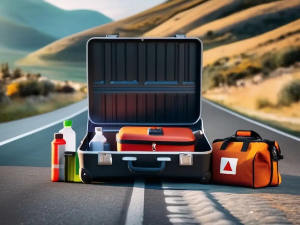 An 8k ultradetailed image of a driver preparing a roadside emergency kit in a suitcase while on the side of the road