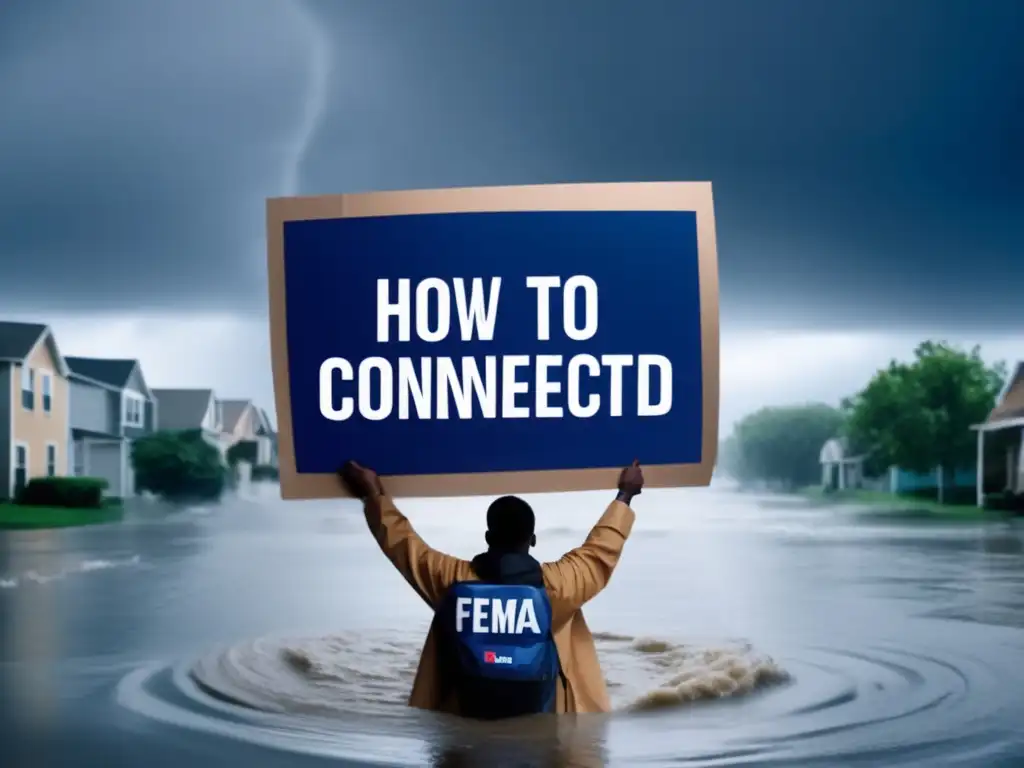 A person stands in a flooded city, windhowks crashing around them, holding a megaphone and a cardboard sign that reads 'FEMA: How to Stay Connected'