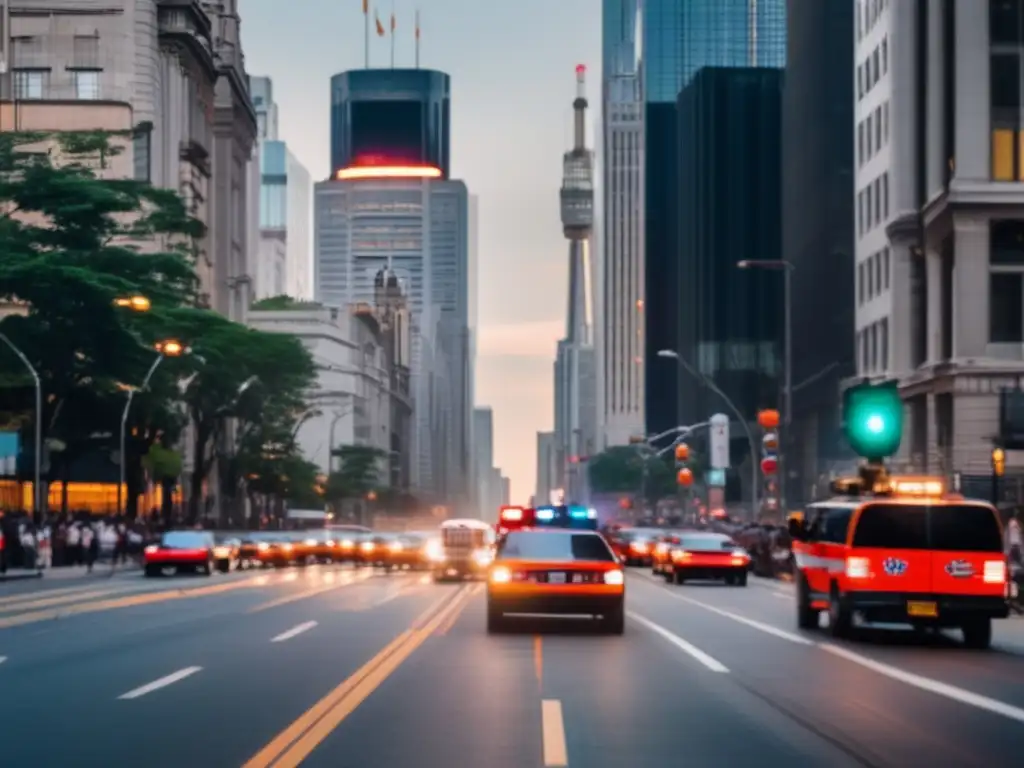 A bustling city street during rush hour, with cars zipping past towering skyscrapers