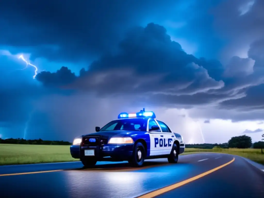 A tense moment as a police car with blue lights flashes under a dark sky, distant storm clouds in the background