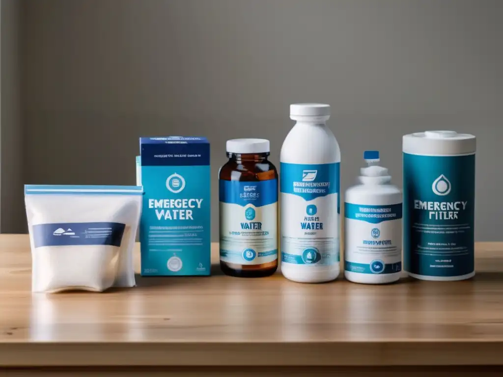 In this snapshot captured from eye level, one can see an array of emergency water purification tools laid out on a wooden table against a neutral wall