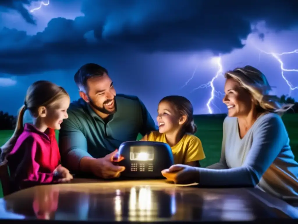 A family huddled around their emergency weather radios during a severe storm, lit up with concern as lightning flashes illuminate the dimly lit room