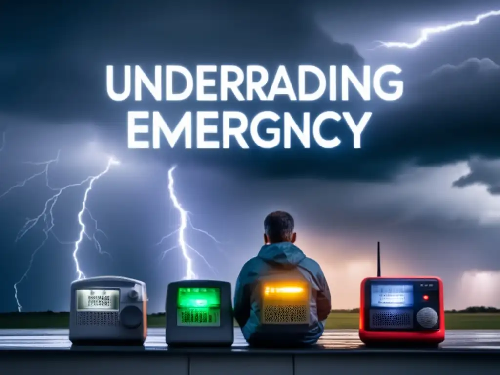 A striking image of a person in the midst of an emergency weather situation, with multiple emergency weather radios lighting up the grey sky