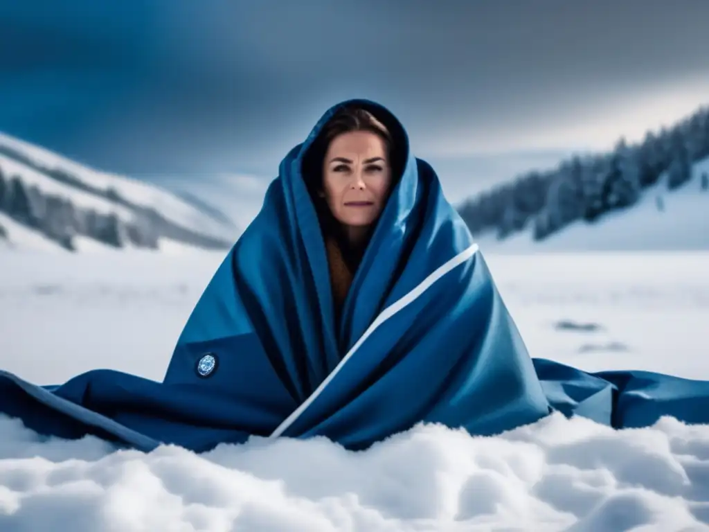 A frozen person bundled in warmth with an emergency blanket, the emblem visible on its surface