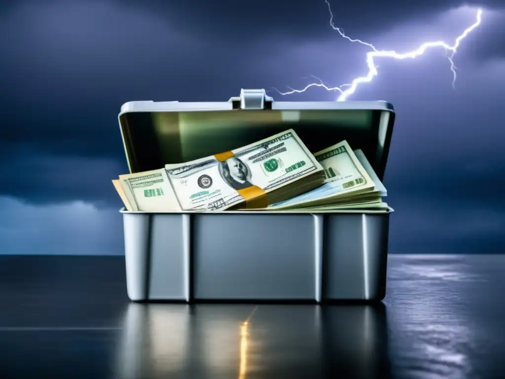 Emergency cash stash securely stored in metal container amidst lightning storm, emphasizing the importance of being prepared for hurricanes