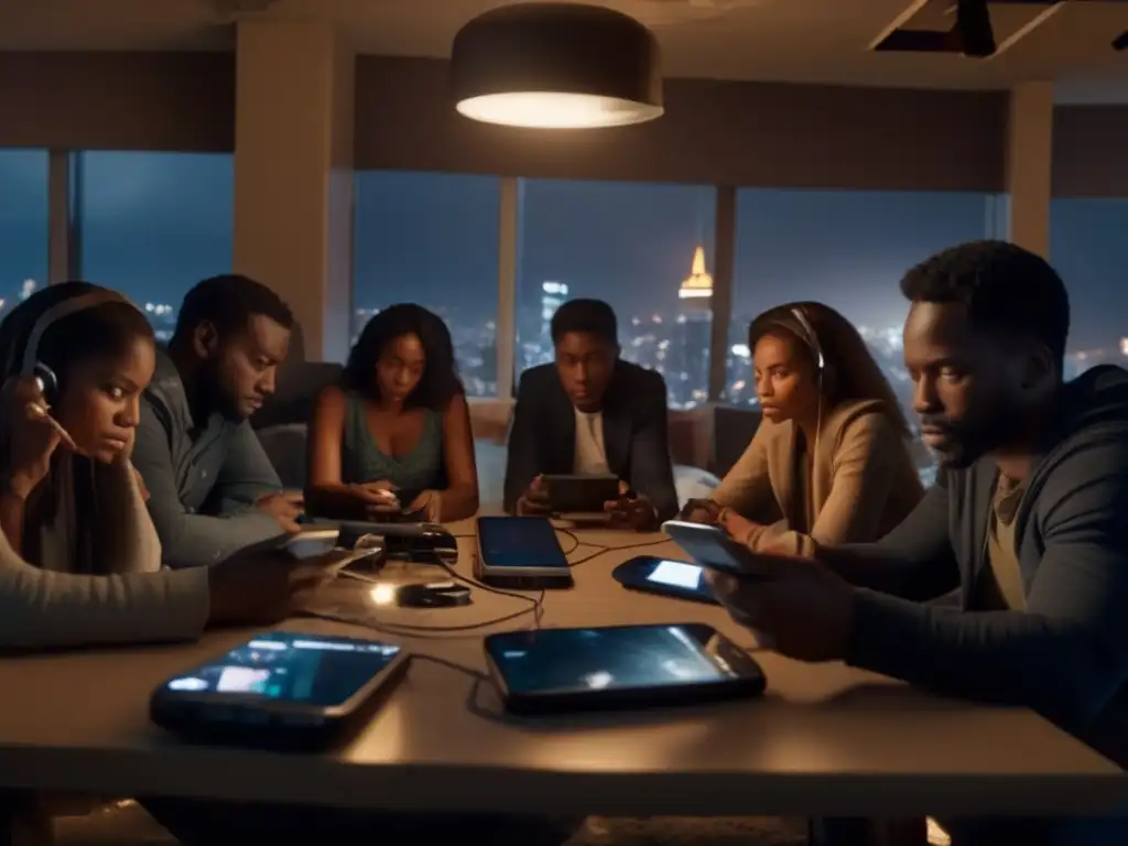 A group of friends huddled around a dimly lit dining table, phones and devices scattered around as they discuss the aftermath of a hurricane