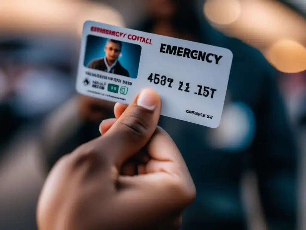 An intense emergency contact card clutched tightly in hand, emphasizing the unwavering importance of having access to crucial contacts during a crisis