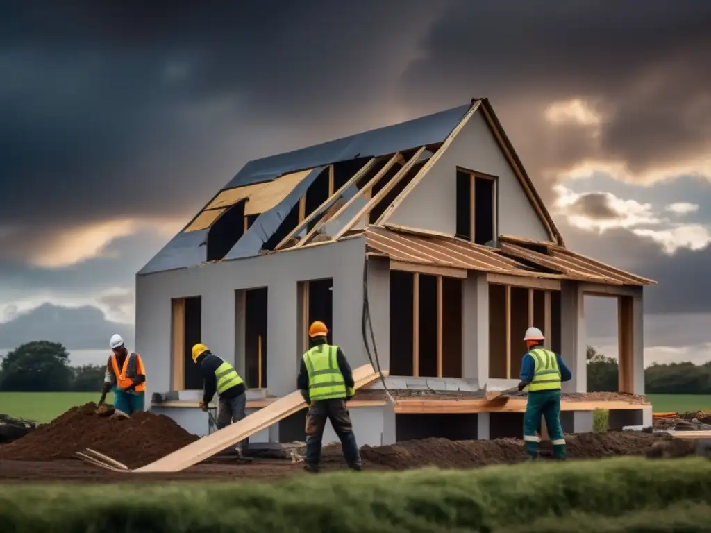 Diligent contractors tirelessly repair a damaged house post- hurricane, despite a dramatic sky above and a sense of urgency in their movements