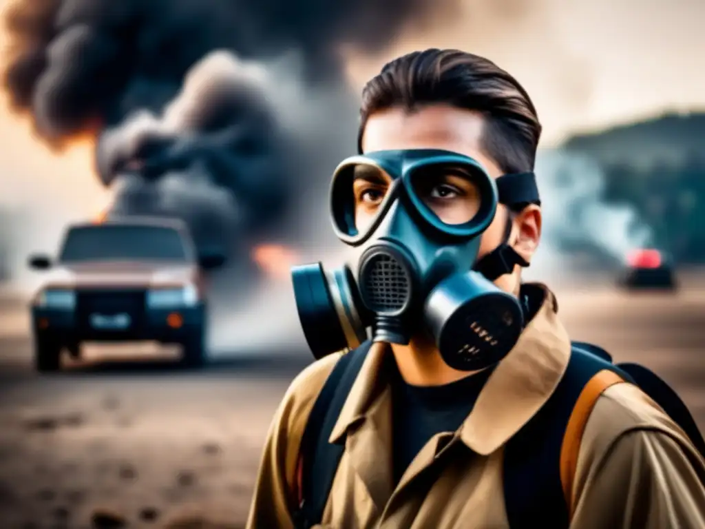 As smoke rises behind a car, a determined person in a gas mask clutches a walkietalkie, preparing for a quick and efficient evacuation