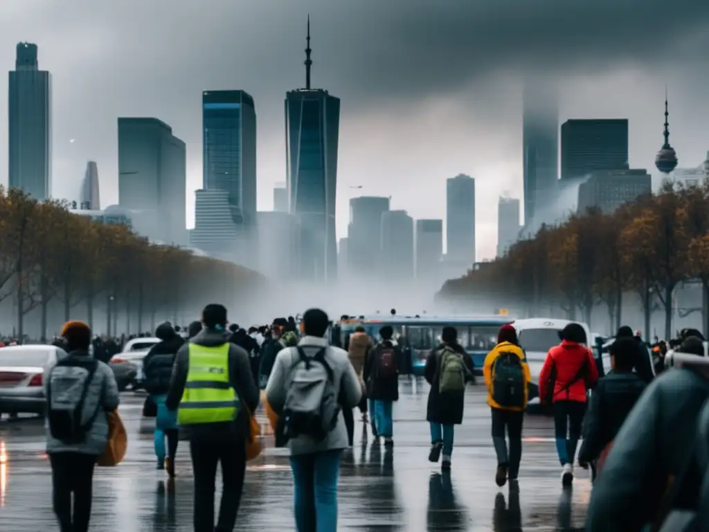 Emergency in the city, people rush to safety through A highresolution photo of a modern city skyline during a rush to safety