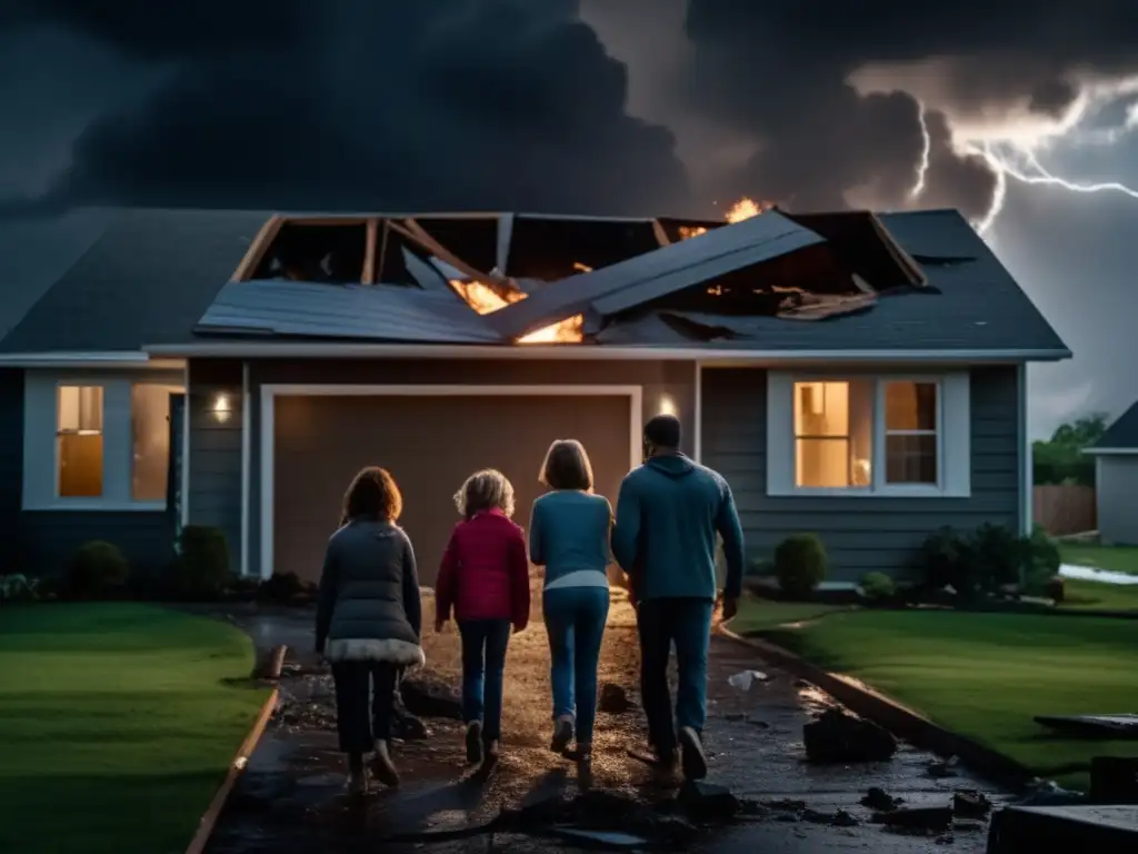 A dramatic cinematic representation of a family in shock after a home breach, with a crushed roof and wreckage in the background