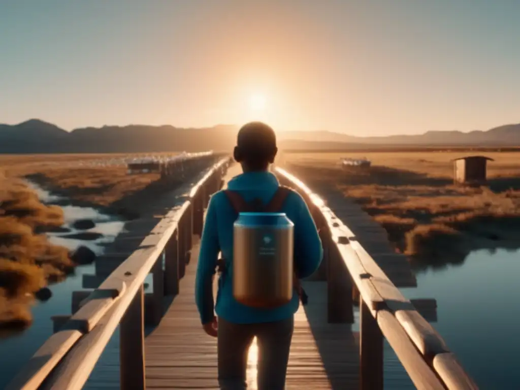 A person standing on a bridge, gazing out at a distant town with a sense of longing, holding a pack of emergency water filters