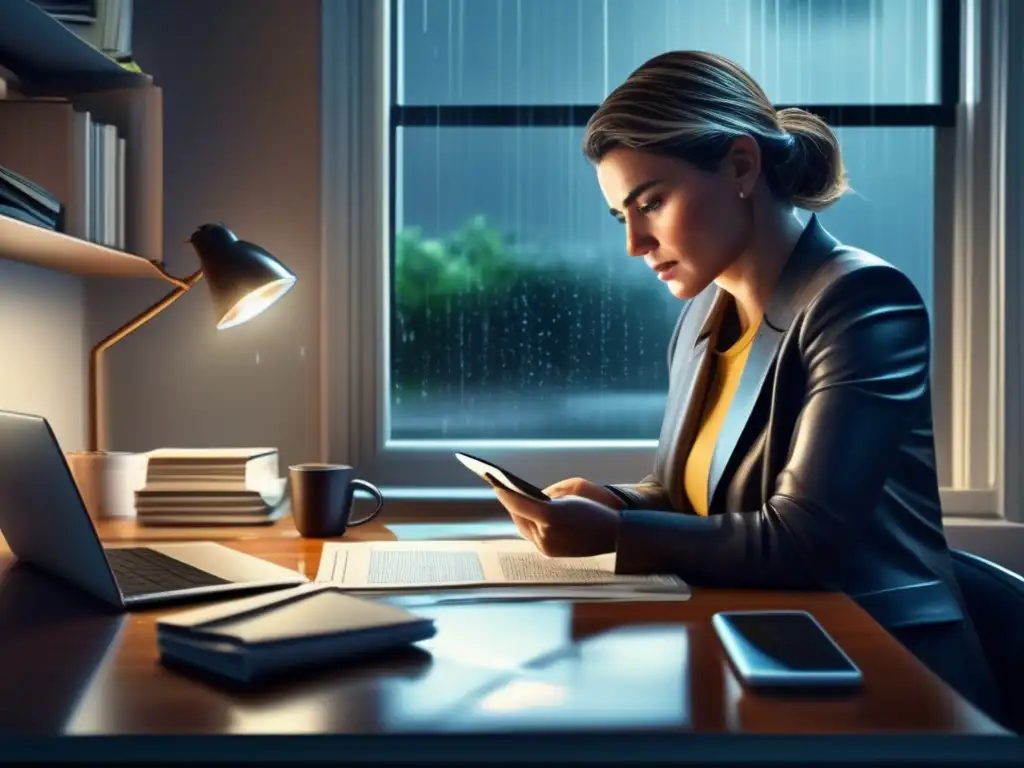 A woman in a focused gaze pours over financial documents at her desk, rain pelting her window, urgently calculating emergency funds with a determined expression and two phones close, one in hand, the other charging