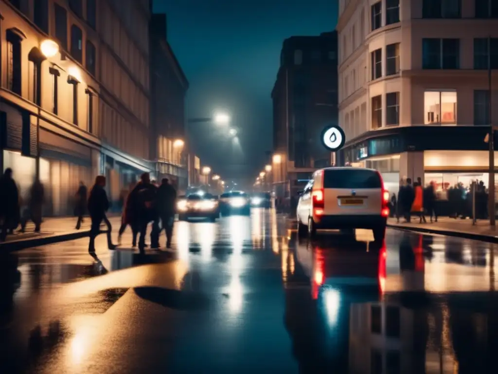 A dramatic, cinematic-style image of a bustling city street at night, captured through a bright white emergency signal mirror