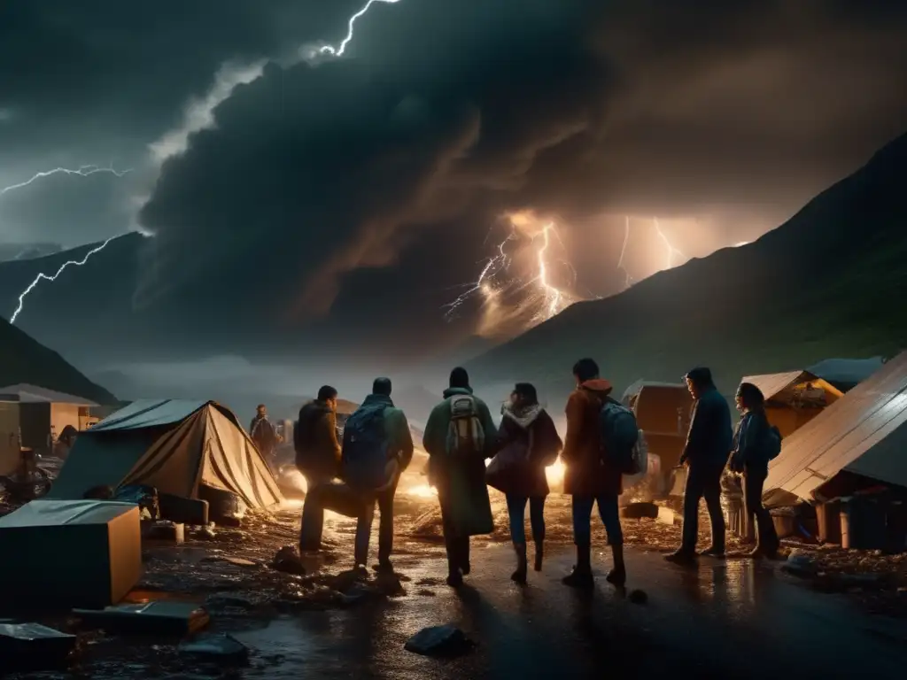 On the other side of the hurricane, a group of survivors huddle together, their faces illuminated by the whirling lights of an emergency response team