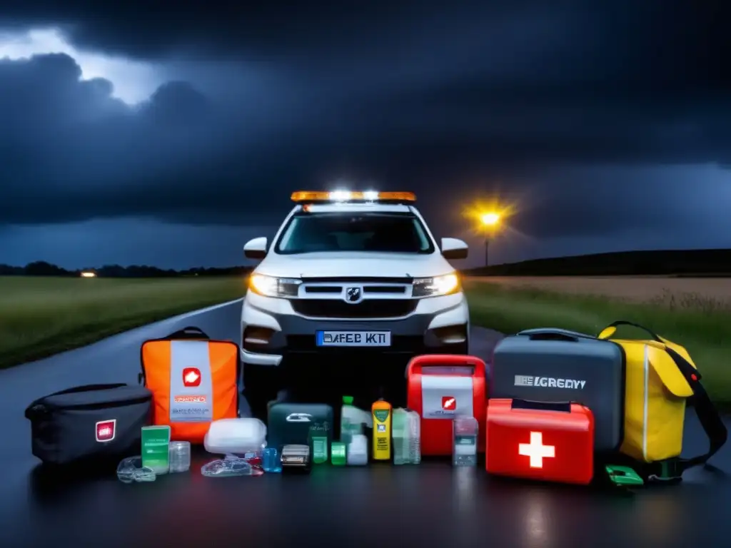 In the midst of a dark, stormy sky, a range of popular roadside emergency kits stand tall and ready to assist