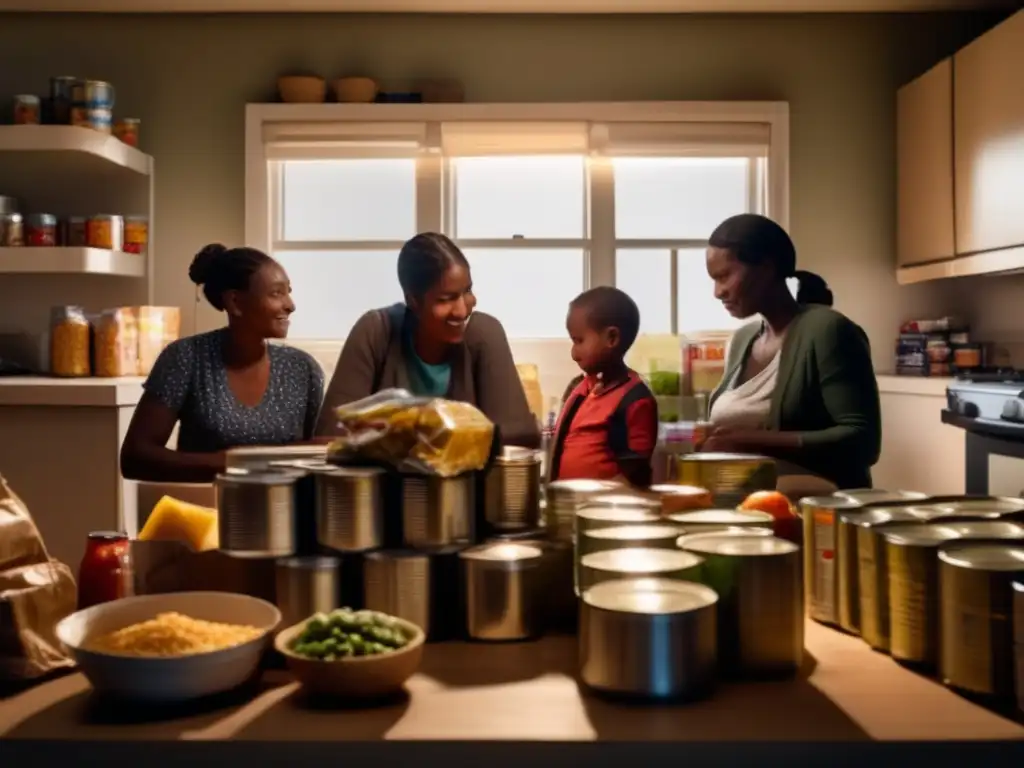 In this dimly lit kitchen, a family gathers around a table filled with canned goods and emergency food supplies