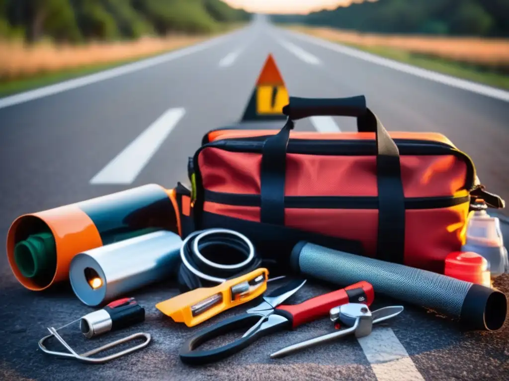 A cinematic depiction of a roadside emergency with tools and essentials, emphasizing isolation due to vast, open roads and trees in the background