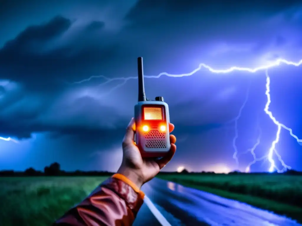 A person stands bravely in the middle of a storm, clutching an emergency weather radio to their chest