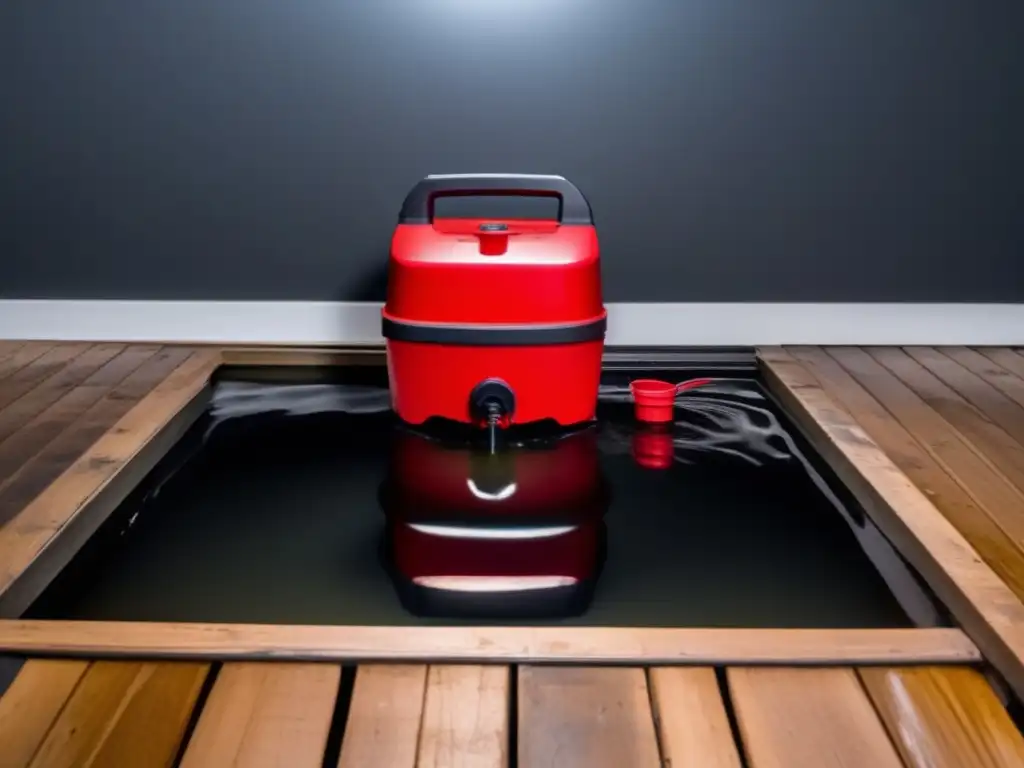 An urgent situation: Portable sump pump in action amidst a murky pool of water, spotlighting the unfolding disaster