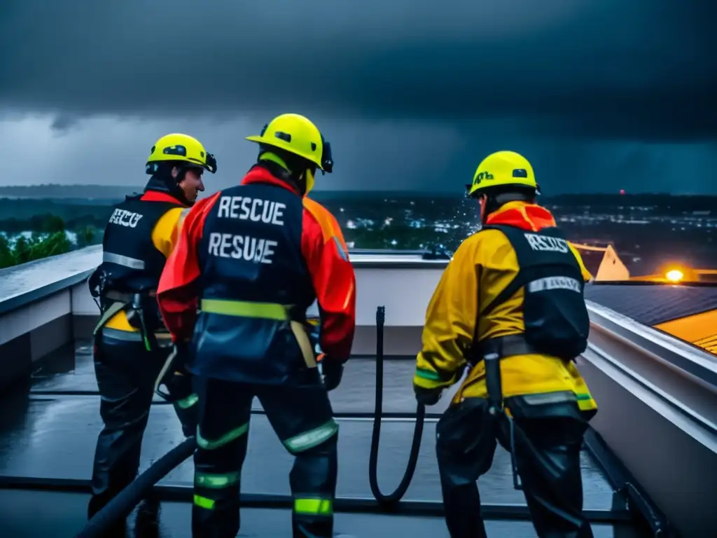 Intense and heroic image of a rescue team battling against heavy rain and flooding on a rooftop