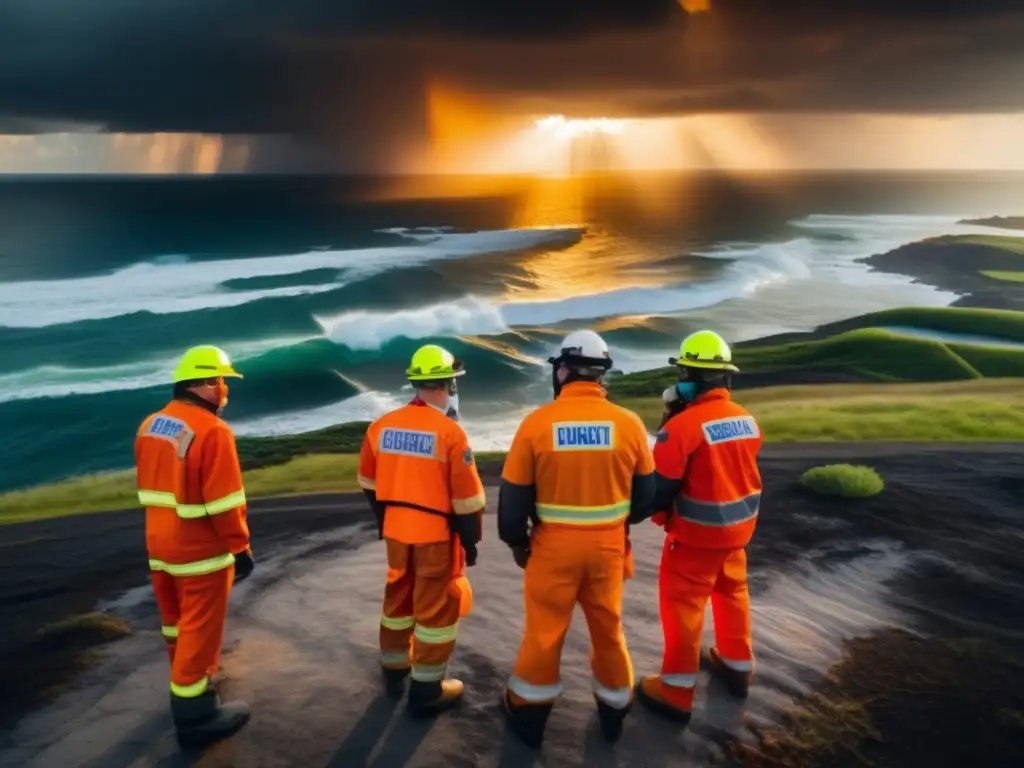 Dash: A breathtaking aerial shot of emergency responders in bright orange coveralls collaborating in a disaster zone, with the sun filtering through the clouds and casting a beautiful, bright light