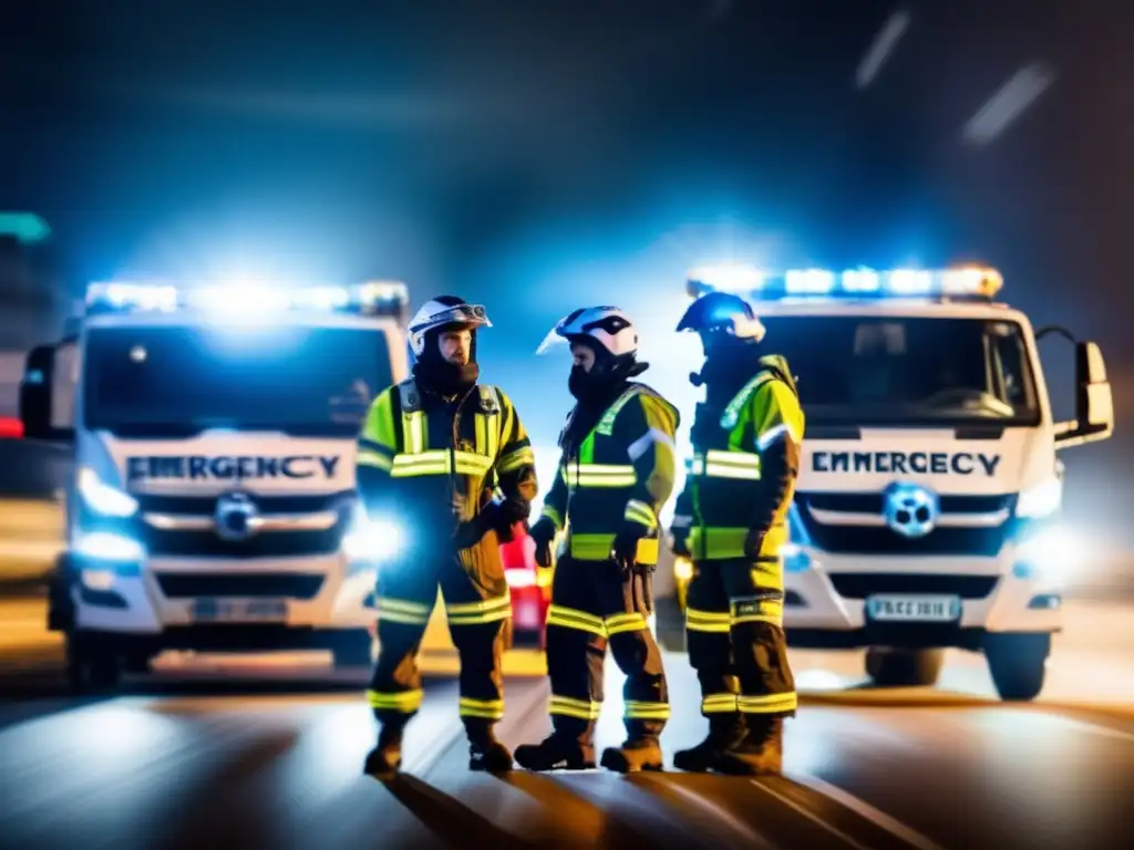 Emergency response team braces for impact amidst chaos as two vehicles speed towards each other, reflecting in the blurred background