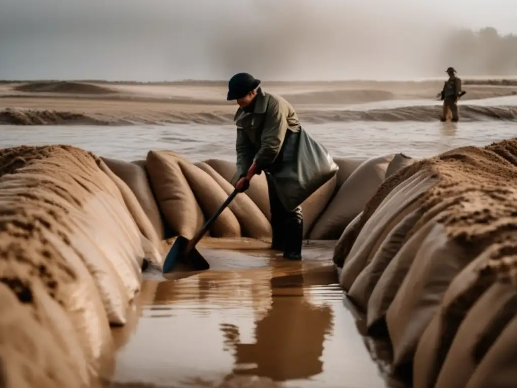 Amid a heated battle, a soldier proves resourceful, using shovel and sandbags to defend their trench from rising water