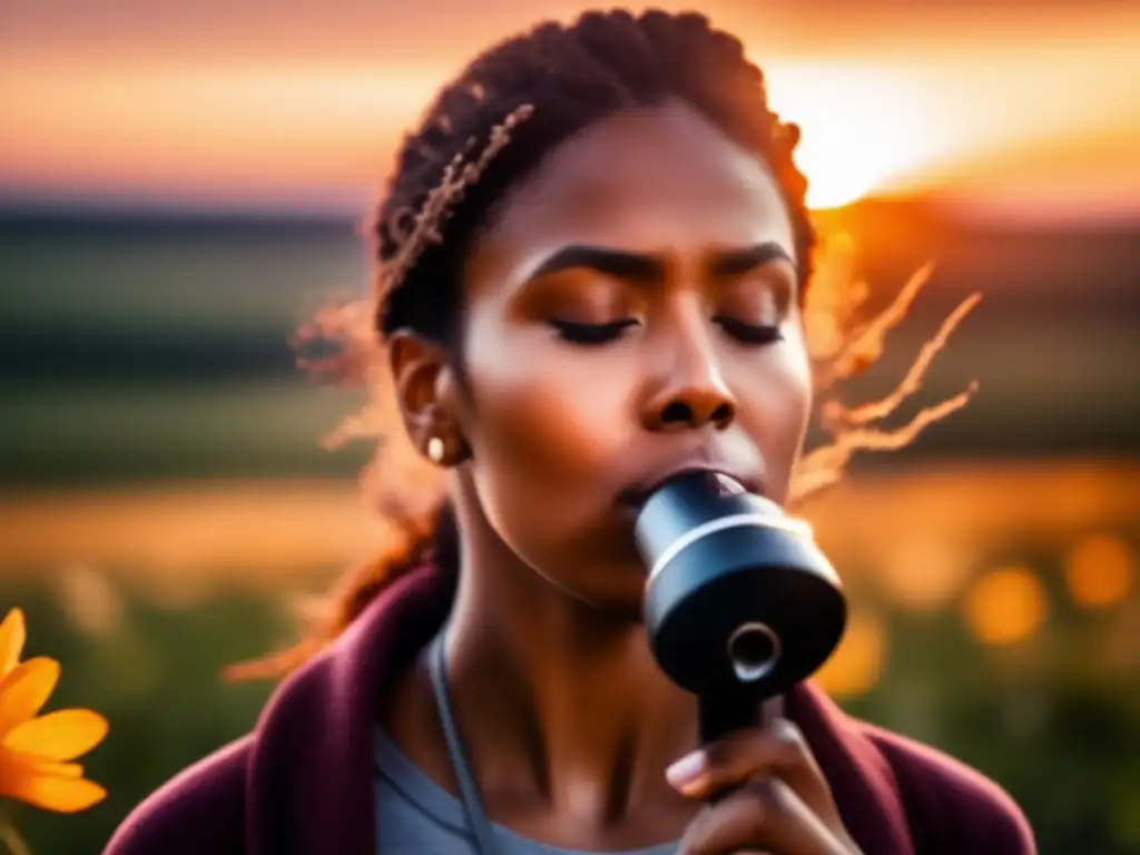 A closeup portrait of a person blowing an emergency whistle with the sun setting in the background, creating a warm, cinematic effect