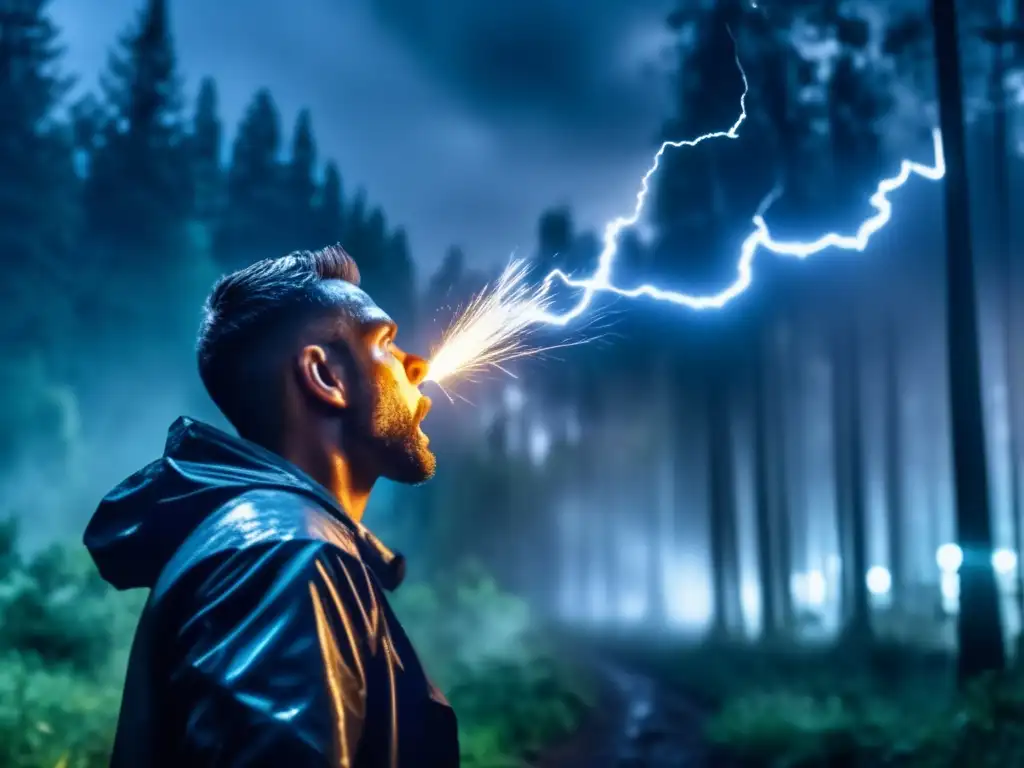 A cinematic style 8k ultradetailed image of a person blowing an emergency whistle in a dark forest during a stormy night