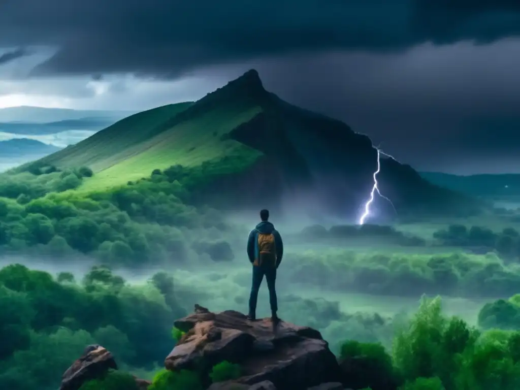 The image depicts a lonely figure standing on a rocky cliff overlooking a devastated landscape