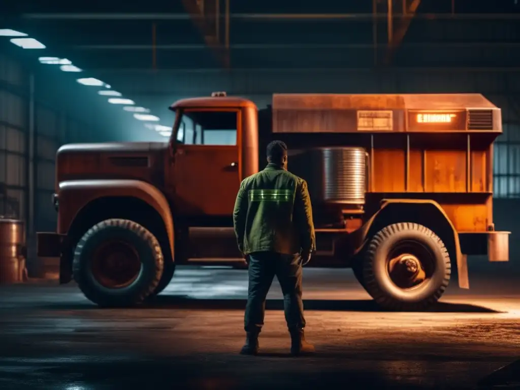 A person stands in front of a rusted industrial vehicle, the glowing emergency escape tool in hand, amidst the dimly lit warehouse with a sense of danger and urgency, conveying a tale of survival against the odds