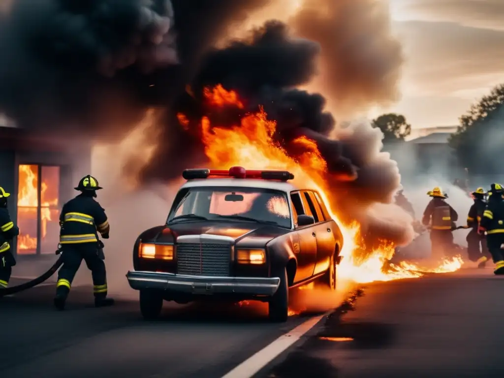 A tense scene of a burning vehicle and its driver desperately trying to flee, with a fire extinguisher in hand