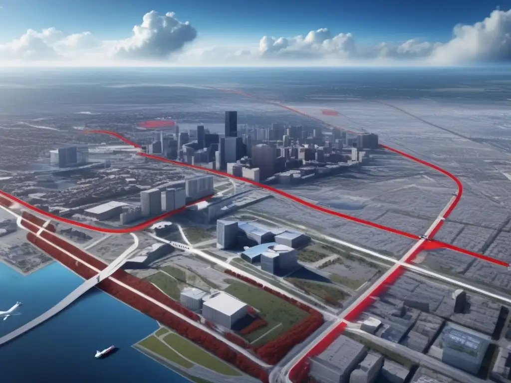 A view of a city's evacuation map in cinematic style, with red and black routes symbolizing open and closed pathways, respectively