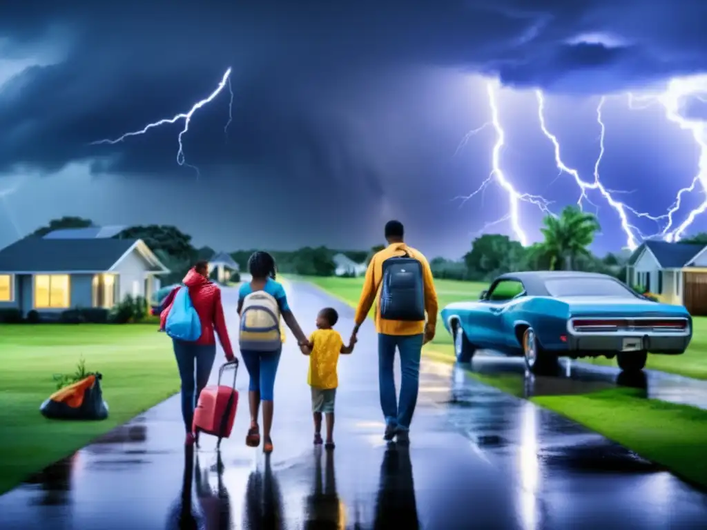 A stormy sky swirls with lightning as a family loads their bags into their cars, standing ready to evacuate their home during a hurricane zone