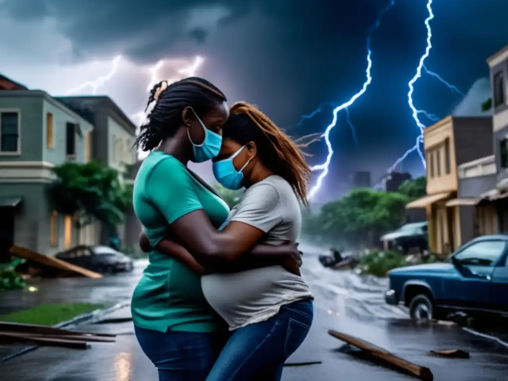 A young expectant mother tightly clings to her partner amidst hurricane chaos, their faces etched with fear and anxiety, as buildings collapse and trees topple, symbolizing the raw power of nature