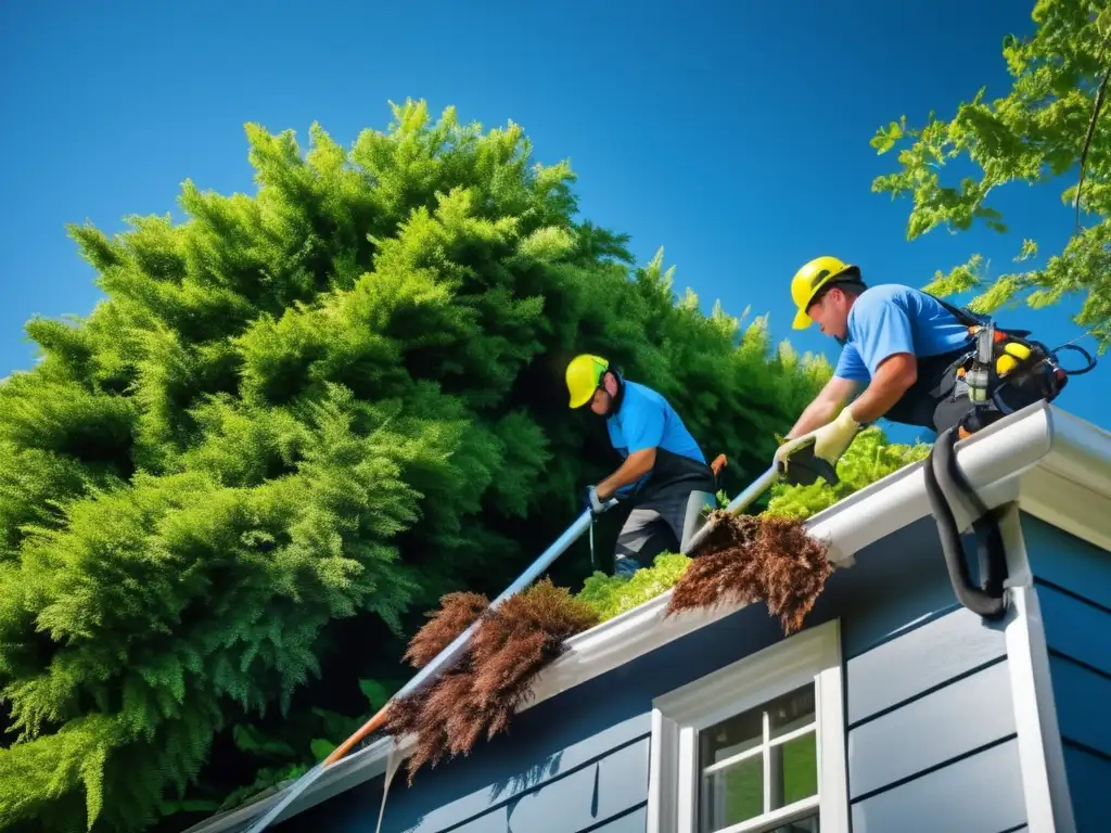 An expert team of gutter cleaners removing debris from a gutter system, surrounded by beautiful lush foliage and a clear blue sky