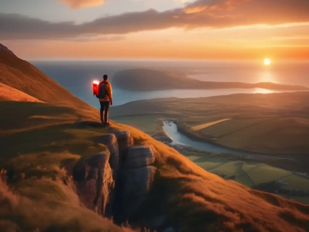 A lone adventurer stands on the edge of a cliff, gazing out at the picturesque sunset